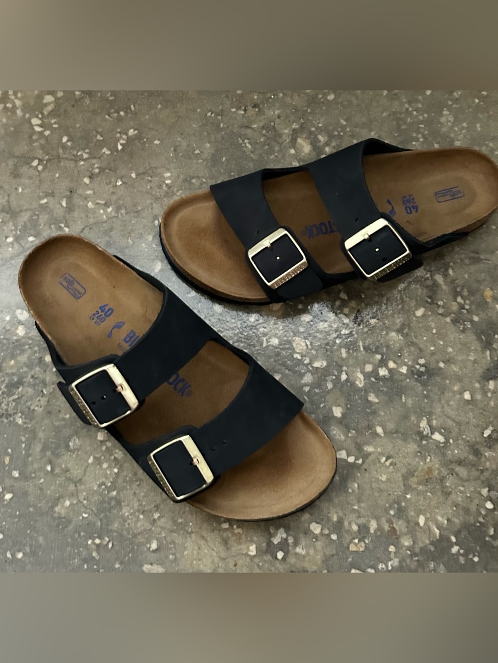 Birkenstock Navy Double-Buckle Sandals with Brown Footbed- worn once